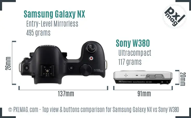 Samsung Galaxy NX vs Sony W380 top view buttons comparison