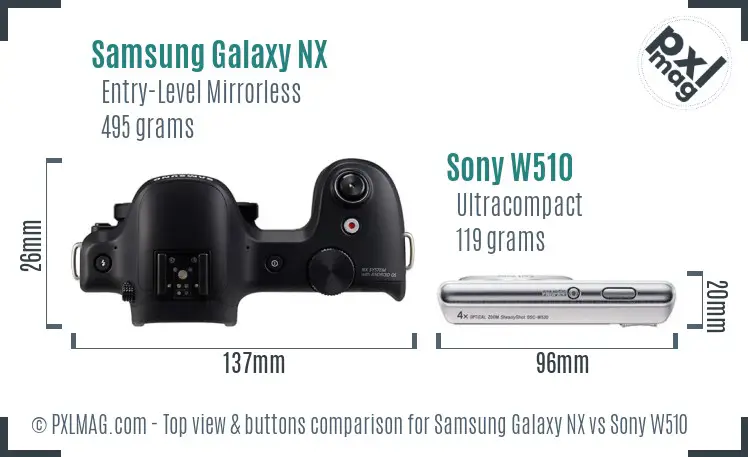 Samsung Galaxy NX vs Sony W510 top view buttons comparison