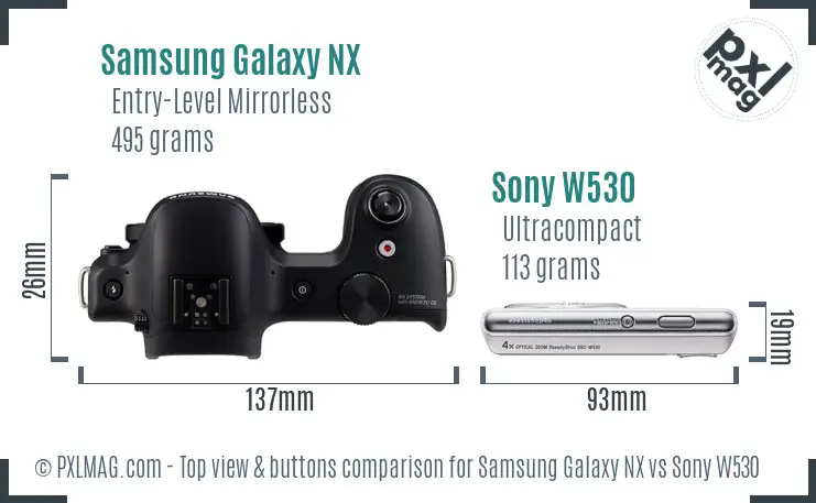 Samsung Galaxy NX vs Sony W530 top view buttons comparison
