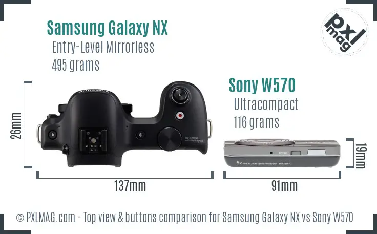 Samsung Galaxy NX vs Sony W570 top view buttons comparison