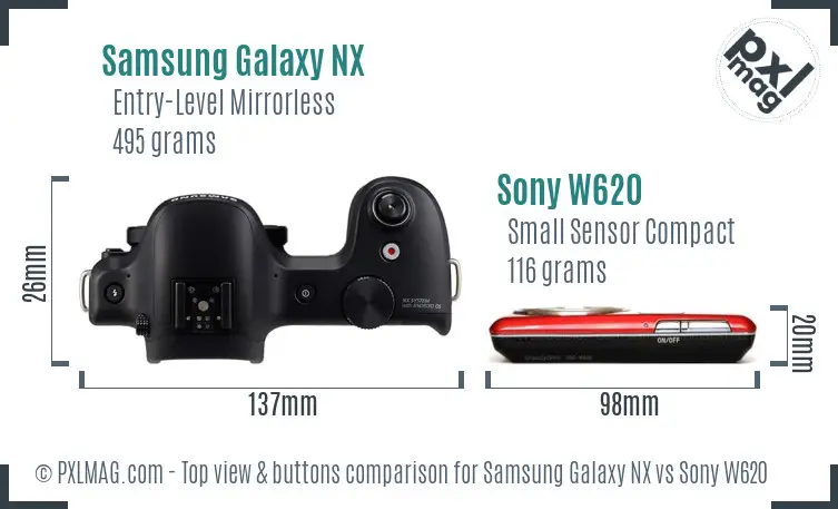 Samsung Galaxy NX vs Sony W620 top view buttons comparison