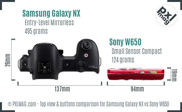 Samsung Galaxy NX vs Sony W650 top view buttons comparison