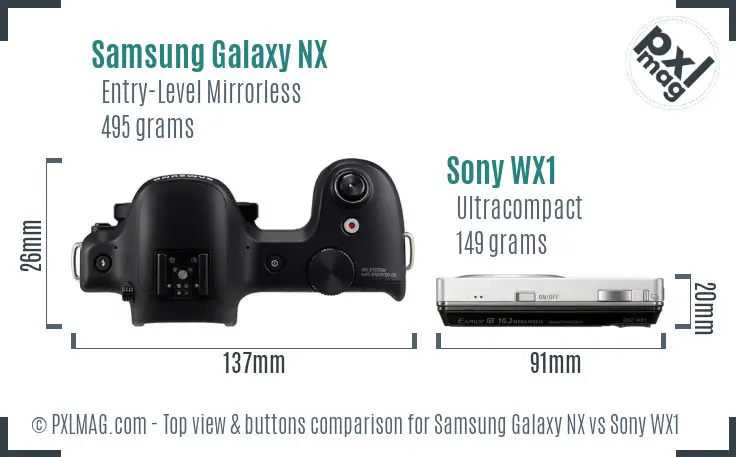 Samsung Galaxy NX vs Sony WX1 top view buttons comparison