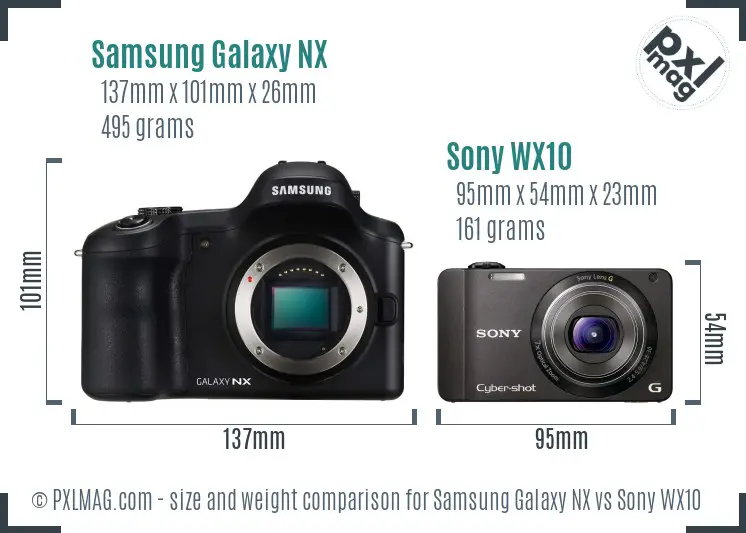 Samsung Galaxy NX vs Sony WX10 size comparison
