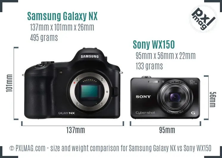 Samsung Galaxy NX vs Sony WX150 size comparison