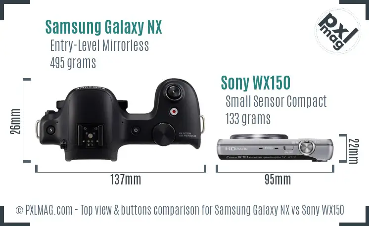 Samsung Galaxy NX vs Sony WX150 top view buttons comparison