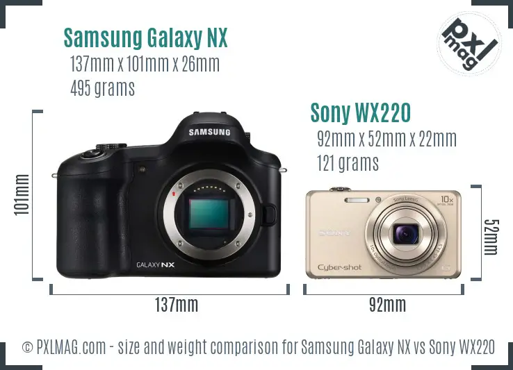 Samsung Galaxy NX vs Sony WX220 size comparison