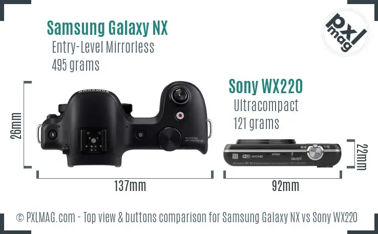 Samsung Galaxy NX vs Sony WX220 top view buttons comparison