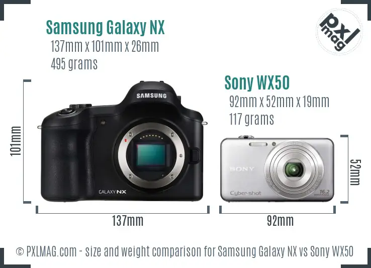 Samsung Galaxy NX vs Sony WX50 size comparison