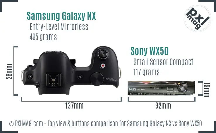 Samsung Galaxy NX vs Sony WX50 top view buttons comparison