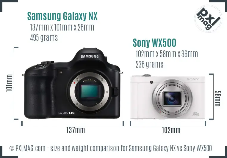 Samsung Galaxy NX vs Sony WX500 size comparison