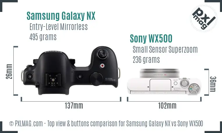 Samsung Galaxy NX vs Sony WX500 top view buttons comparison