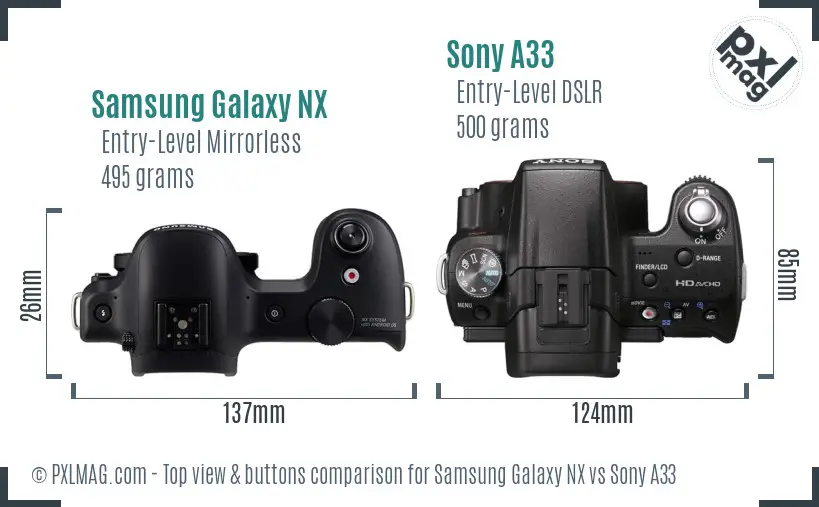 Samsung Galaxy NX vs Sony A33 top view buttons comparison