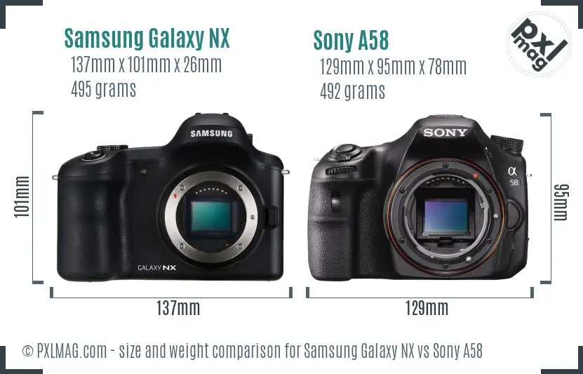 Samsung Galaxy NX vs Sony A58 size comparison