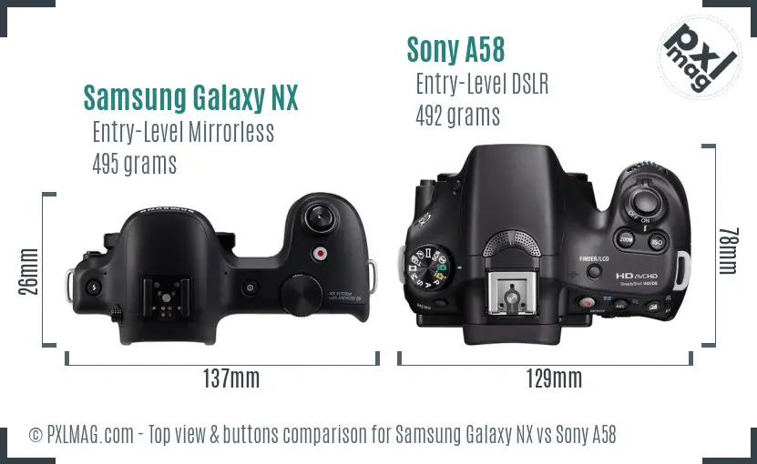 Samsung Galaxy NX vs Sony A58 top view buttons comparison
