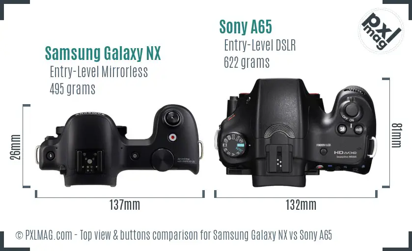 Samsung Galaxy NX vs Sony A65 top view buttons comparison