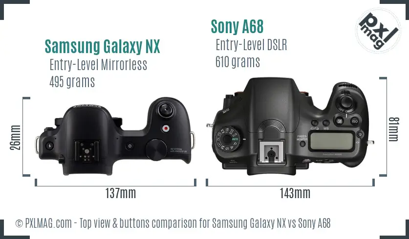 Samsung Galaxy NX vs Sony A68 top view buttons comparison