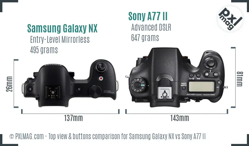 Samsung Galaxy NX vs Sony A77 II top view buttons comparison