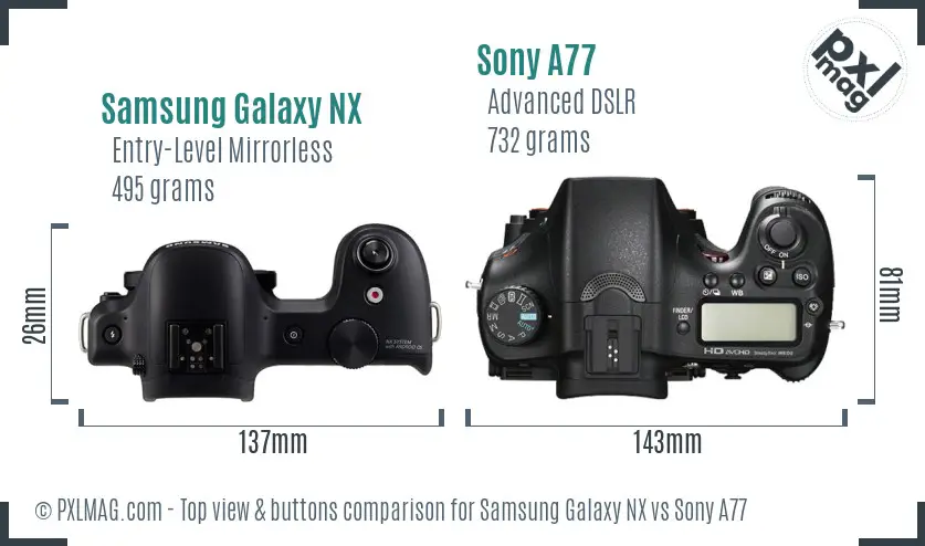 Samsung Galaxy NX vs Sony A77 top view buttons comparison