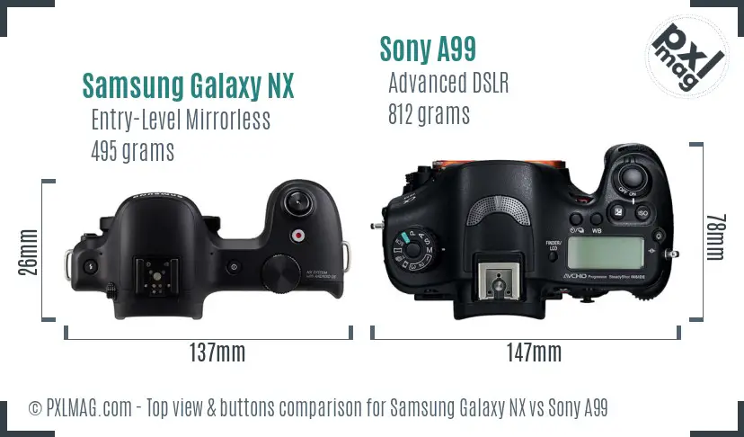 Samsung Galaxy NX vs Sony A99 top view buttons comparison