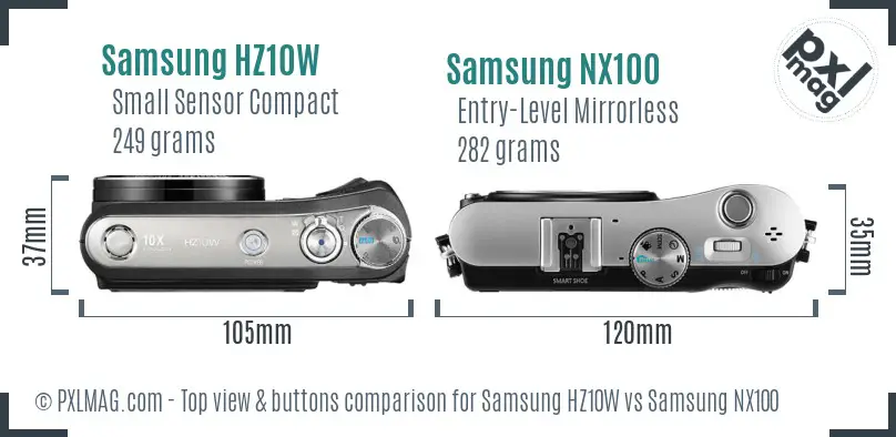 Samsung HZ10W vs Samsung NX100 top view buttons comparison