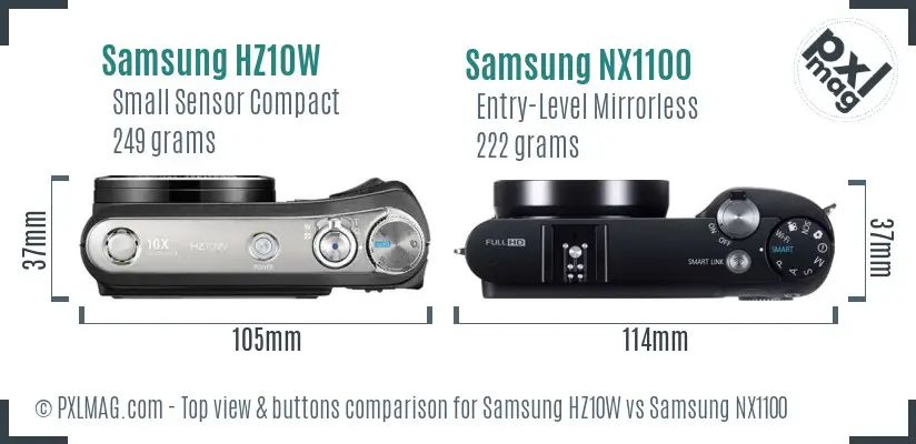 Samsung HZ10W vs Samsung NX1100 top view buttons comparison
