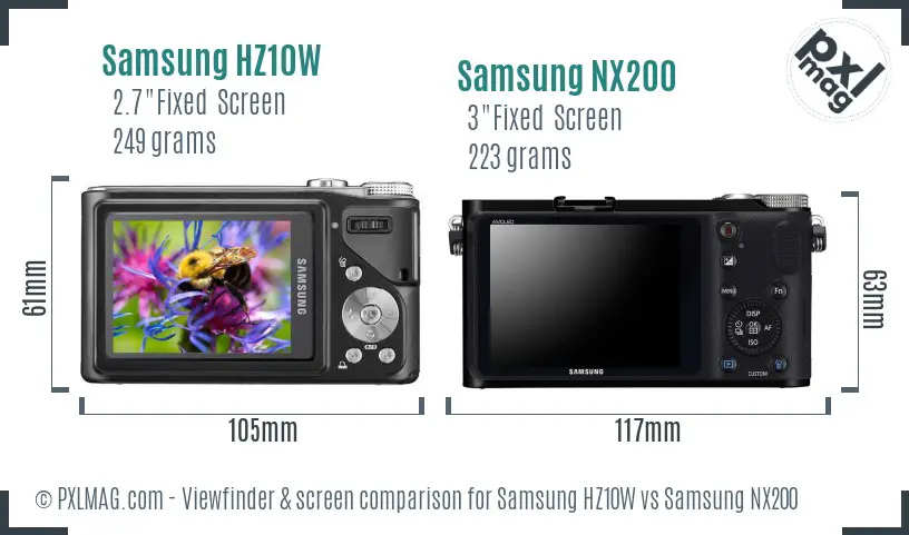 Samsung HZ10W vs Samsung NX200 Screen and Viewfinder comparison
