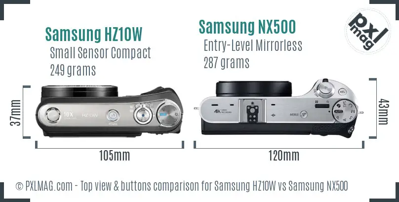 Samsung HZ10W vs Samsung NX500 top view buttons comparison