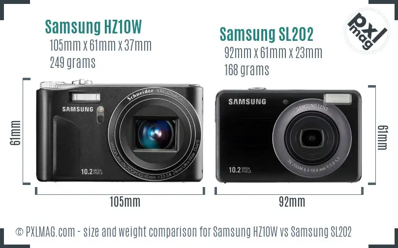 Samsung HZ10W vs Samsung SL202 size comparison