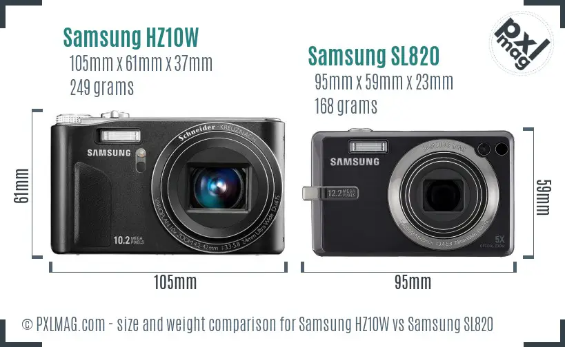 Samsung HZ10W vs Samsung SL820 size comparison