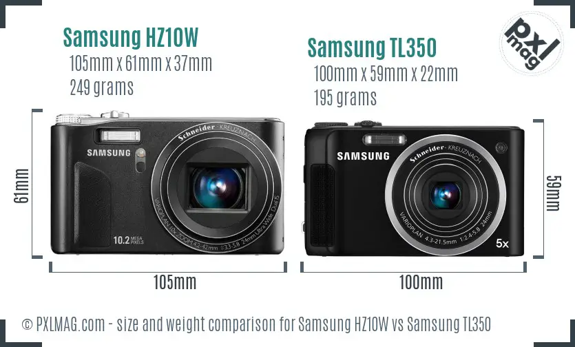 Samsung HZ10W vs Samsung TL350 size comparison