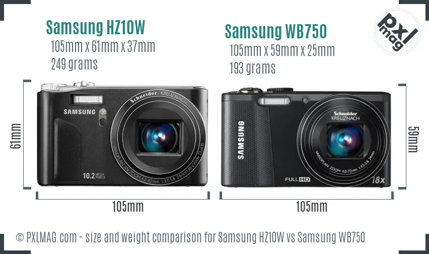 Samsung HZ10W vs Samsung WB750 size comparison