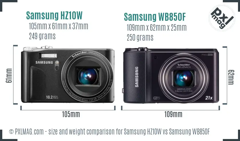 Samsung HZ10W vs Samsung WB850F size comparison
