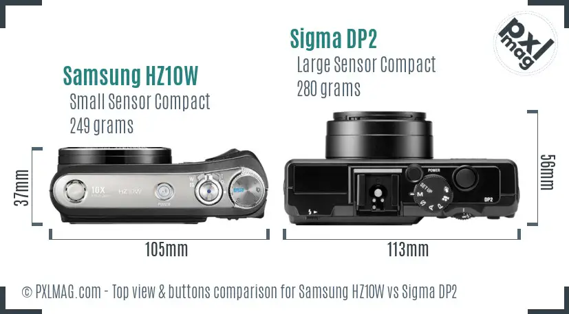 Samsung HZ10W vs Sigma DP2 top view buttons comparison