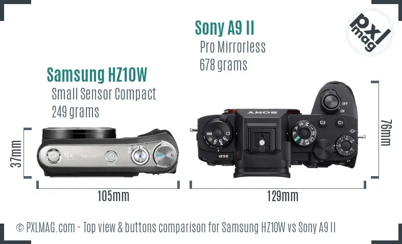 Samsung HZ10W vs Sony A9 II top view buttons comparison