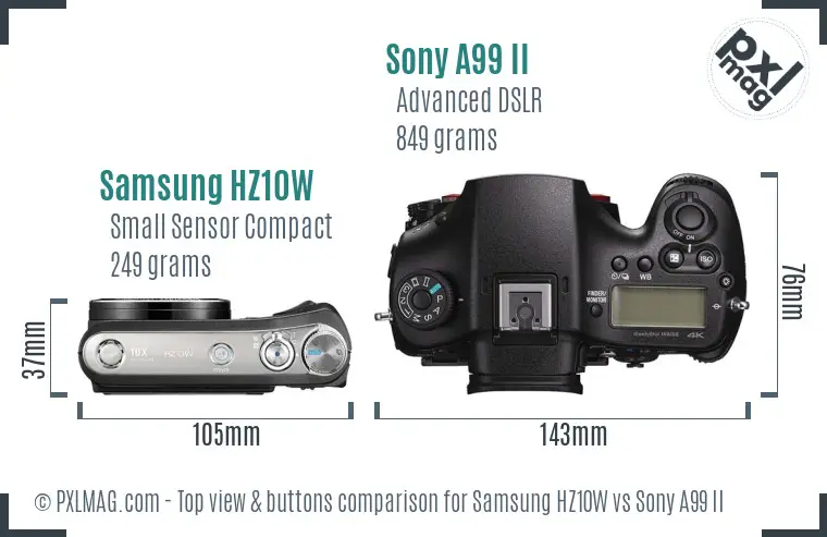 Samsung HZ10W vs Sony A99 II top view buttons comparison