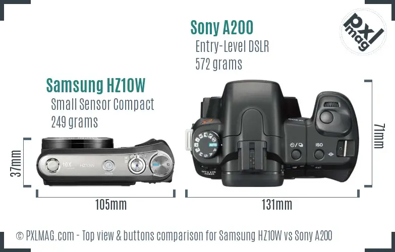 Samsung HZ10W vs Sony A200 top view buttons comparison