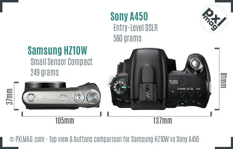 Samsung HZ10W vs Sony A450 top view buttons comparison