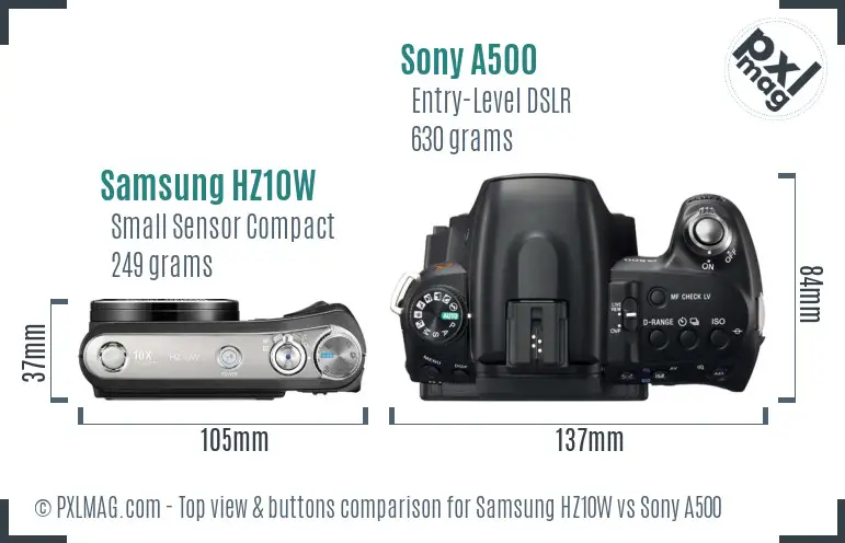 Samsung HZ10W vs Sony A500 top view buttons comparison