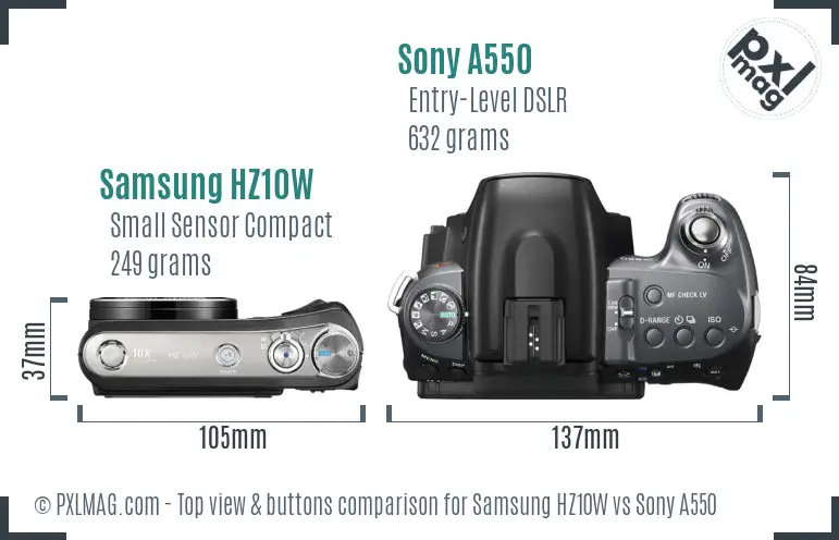 Samsung HZ10W vs Sony A550 top view buttons comparison