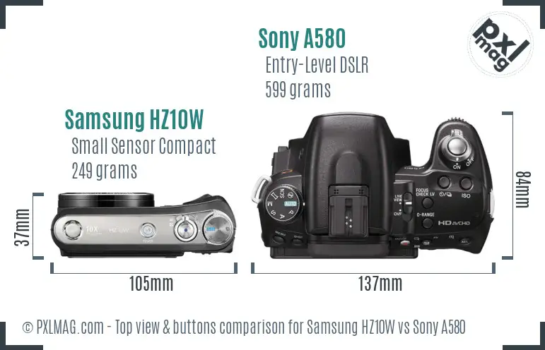 Samsung HZ10W vs Sony A580 top view buttons comparison