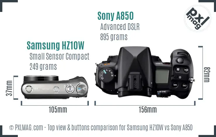 Samsung HZ10W vs Sony A850 top view buttons comparison