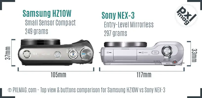 Samsung HZ10W vs Sony NEX-3 top view buttons comparison