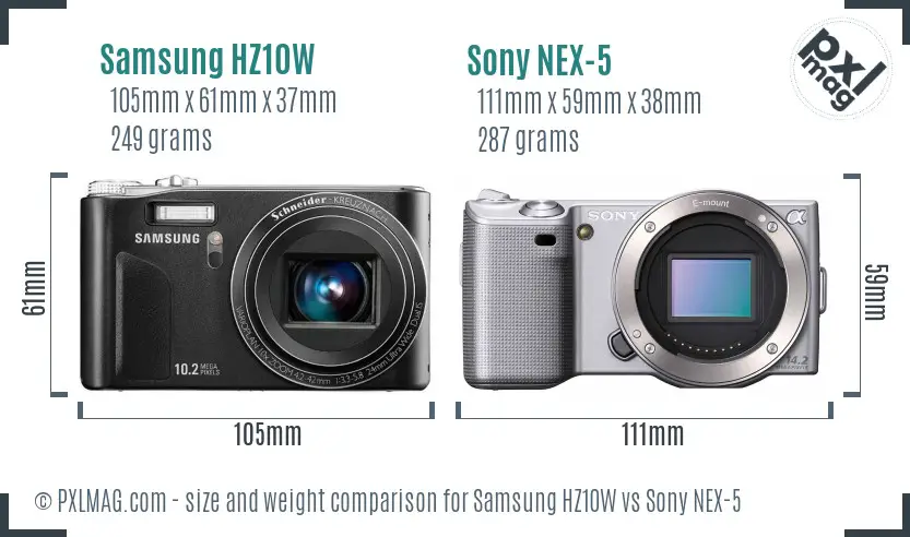 Samsung HZ10W vs Sony NEX-5 size comparison