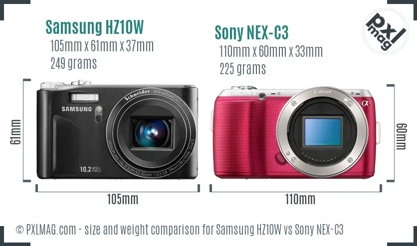 Samsung HZ10W vs Sony NEX-C3 size comparison