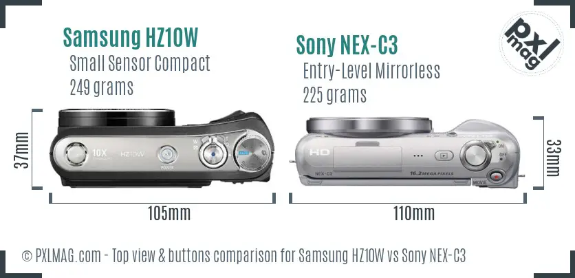 Samsung HZ10W vs Sony NEX-C3 top view buttons comparison