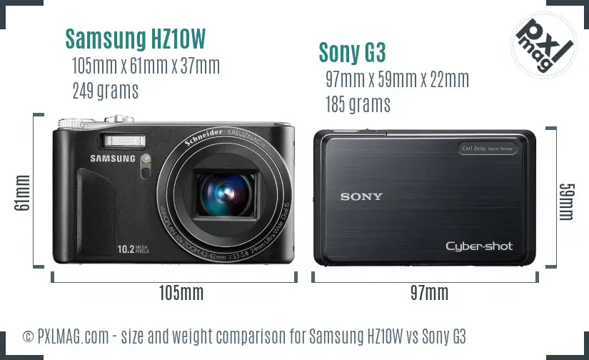 Samsung HZ10W vs Sony G3 size comparison