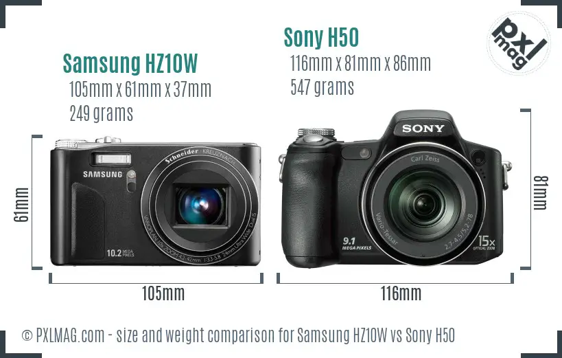 Samsung HZ10W vs Sony H50 size comparison