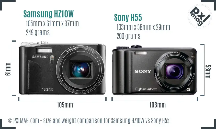 Samsung HZ10W vs Sony H55 size comparison