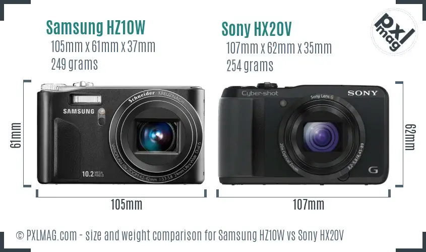 Samsung HZ10W vs Sony HX20V size comparison